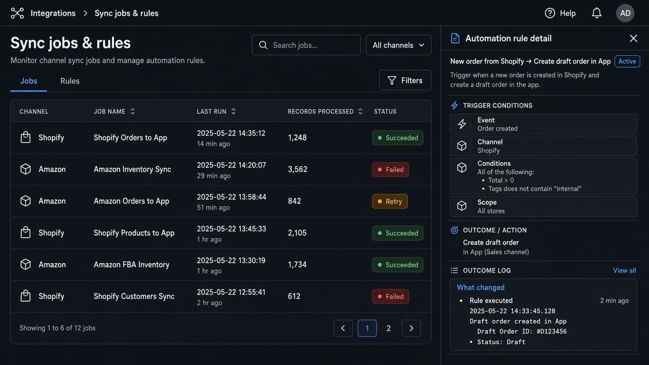 Channel sync jobs and automation rule outcome logs