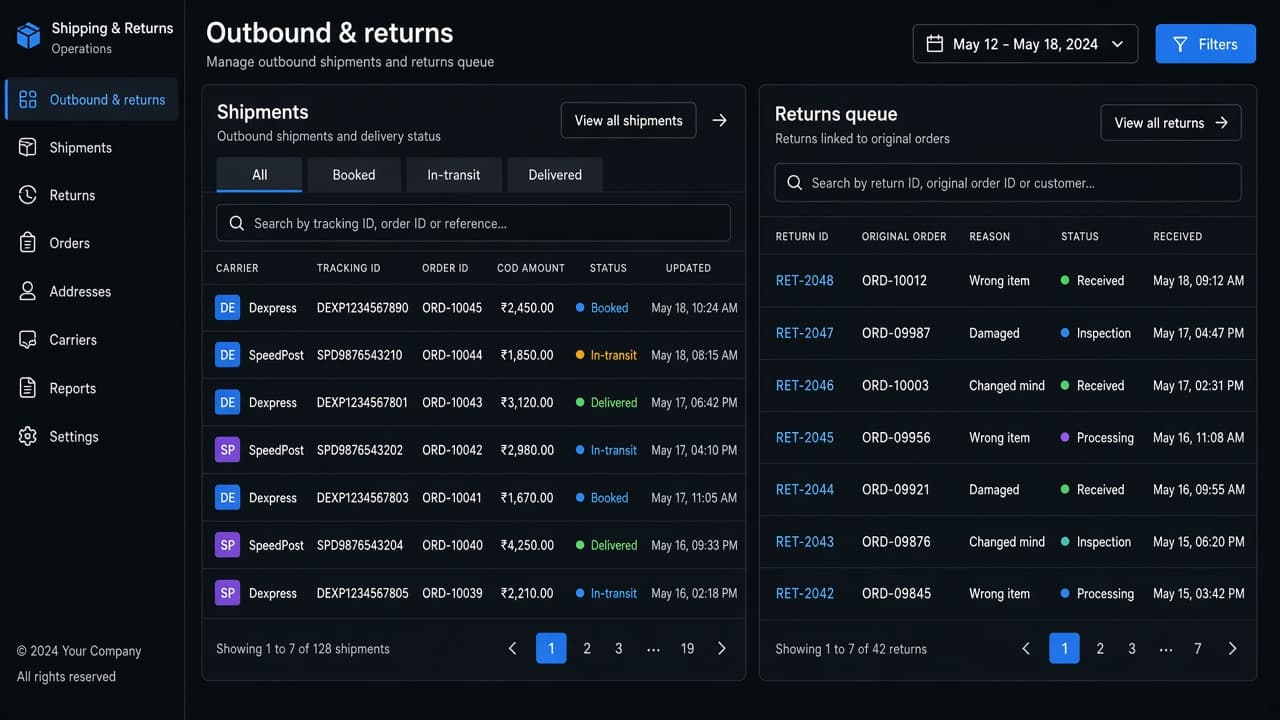 Shipments and returns linked to the same order records
