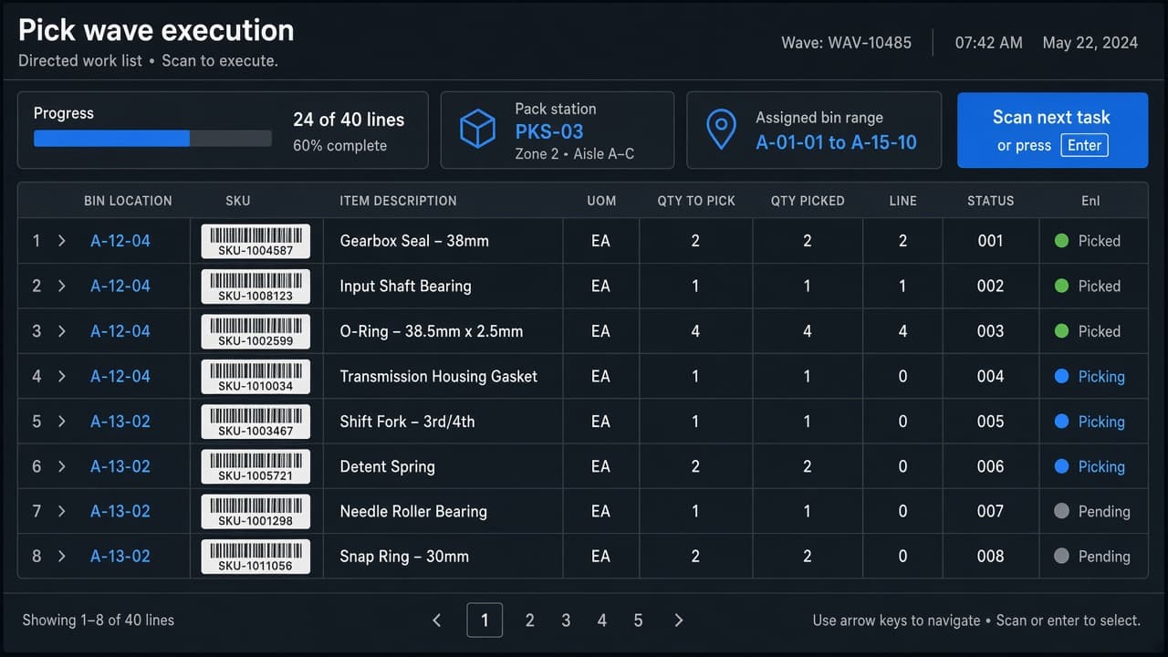Pick wave execution with bin locations and packing progress